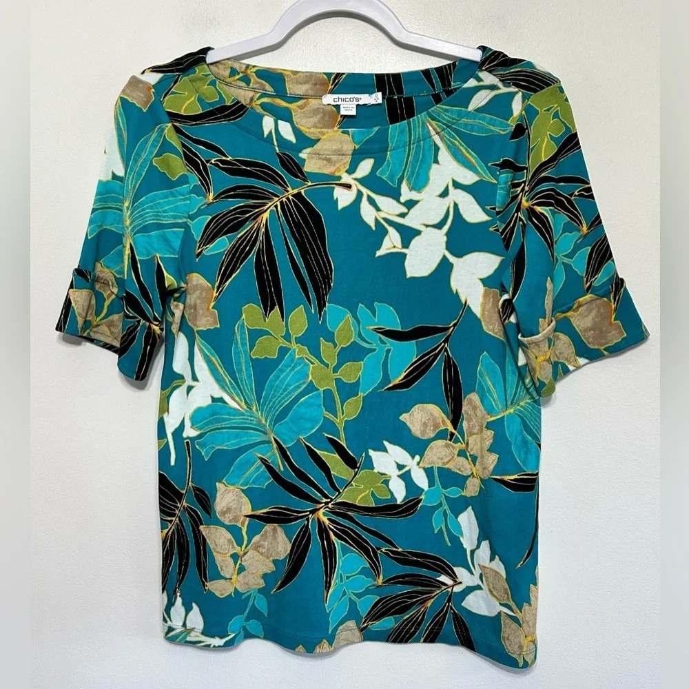 Chicos Tropical Bateau Pima Cotton Tee Shirt